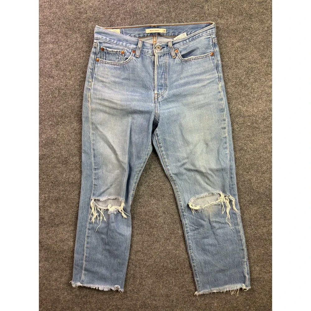 Levi's Wedgie Straight Jeans Womens 28 Blue Distressed Raw Hem Button Fly